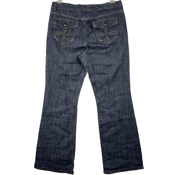 CODE BLEU Flare Jeans Size 12 Dark Wash Studded Back Pockets Bootcut - Picture 2 of 16